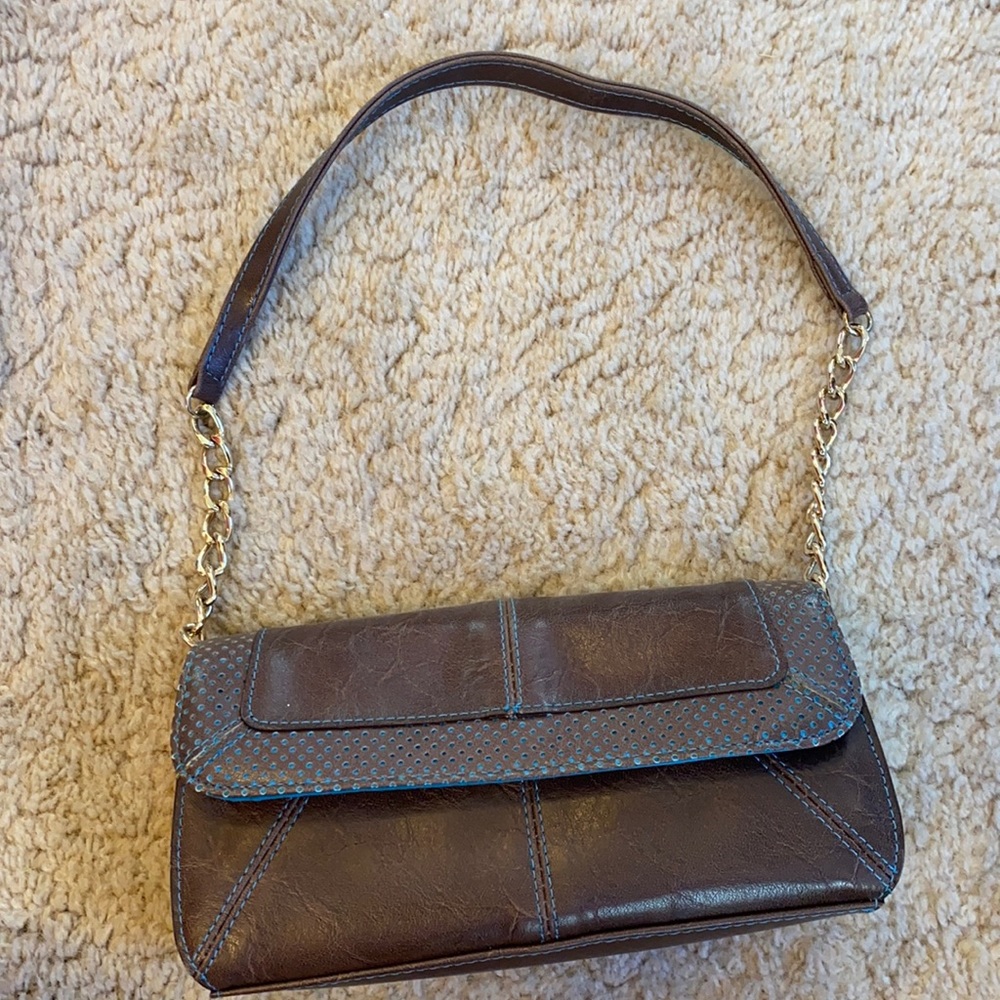 Sky Blue & brown mini bag w/ gold chain accents